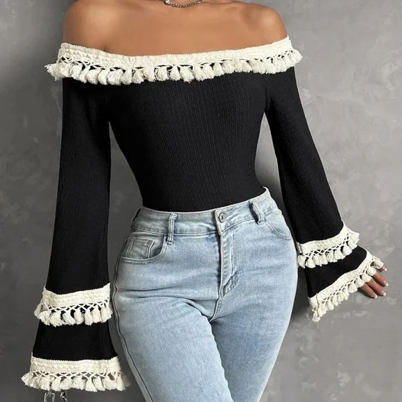 Boho Off Shoulder Tassel Detail Cropped Top - Picture 7 of 13